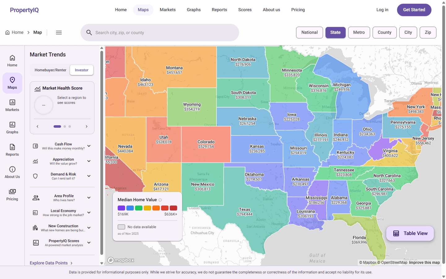 PropertyIQ interactive market map showing median home values across all US states color-coded from $169K to $636K, with left sidebar for Market Trends, scores, and data categories, and top toolbar with search and geography level filters